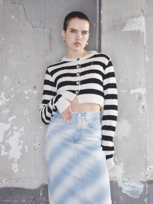 [KIJUN] Striped Knit Cardigan Black Cream
