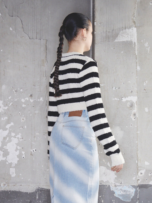 [KIJUN] Striped Knit Cardigan Black Cream