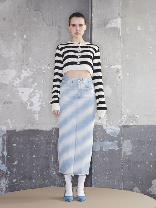 [KIJUN] Striped Knit Cardigan Black Cream
