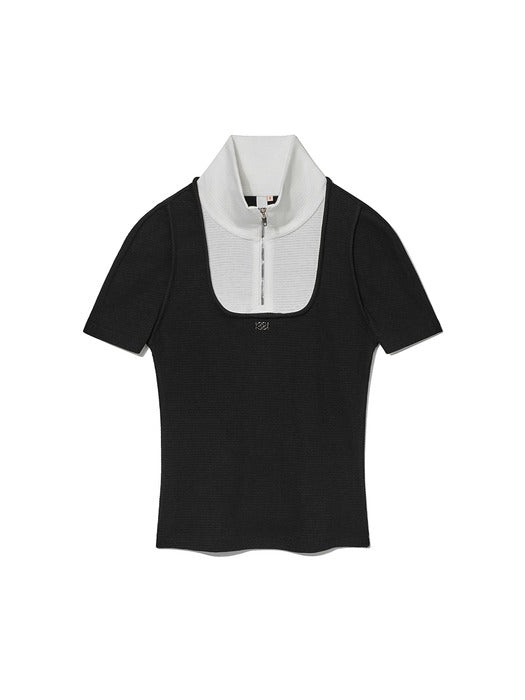 [KIJUN] Square Half Zip-up Top Black Off-White