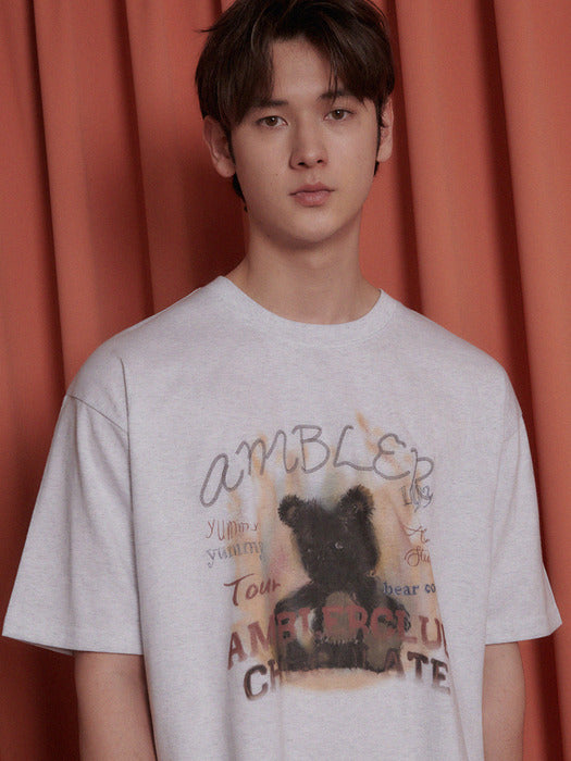 [ambler] Bear in flames Over fit T-Shirts AS1104 (White-Melange)