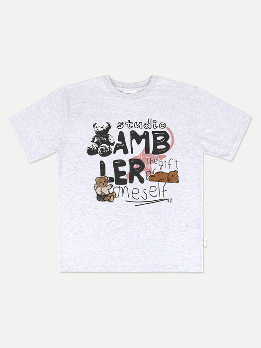 [ambler] Bear Patch Over fit T-Shirts AS1106 (White-Melange)