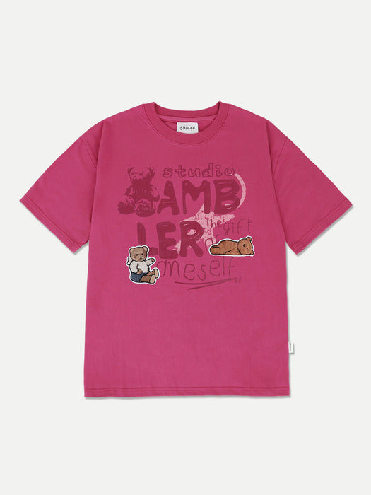 [ambler] Bear Patch Over fit T-Shirts AS1106 (Pink)