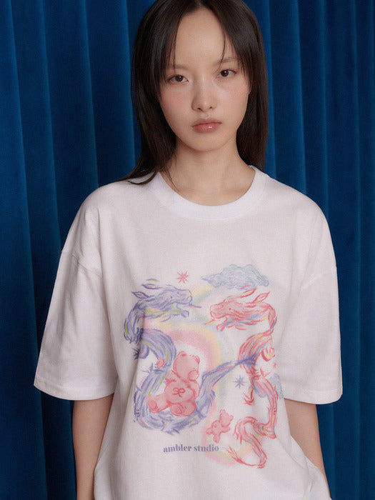 [ambler] rising dragon Over fit T-Shirts AS1107 (White)