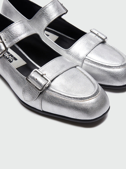 Eenk Youble Buckle Strap Flats - Silver