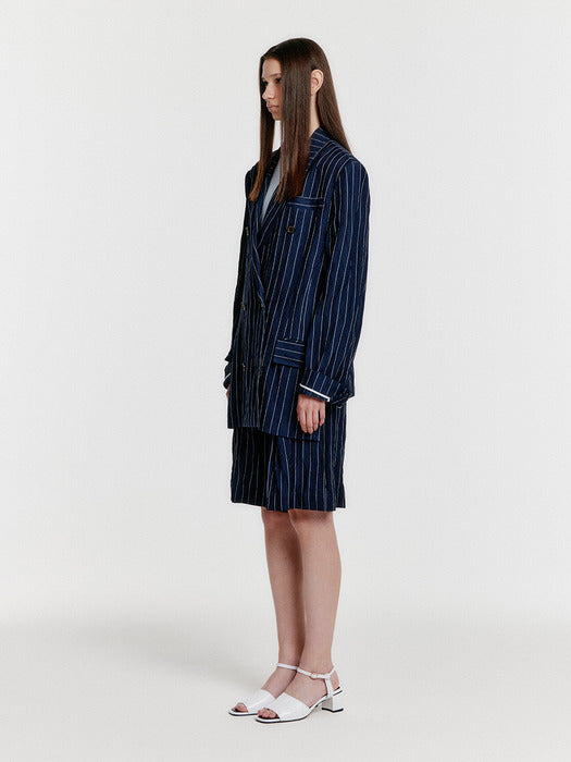 Eenk Yurrota Suit Shorts with Front Slit - Navy Stripe