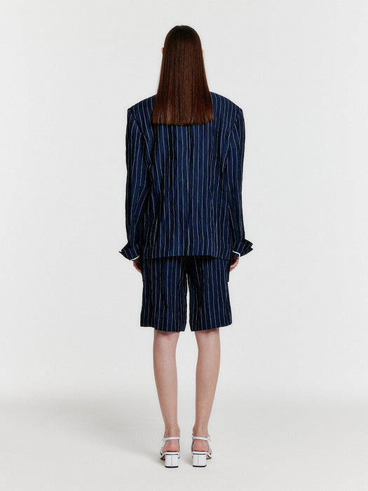 Eenk Yurrota Suit Shorts with Front Slit - Navy Stripe