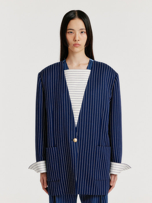 Eenk Yerida One-Button Jacket - Navy Stripe