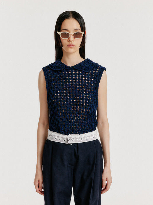 Eenk Yelt Cable Knit Collared Top - Navy