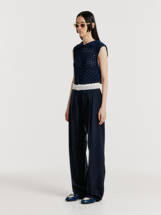Eenk Yelt Cable Knit Collared Top - Navy