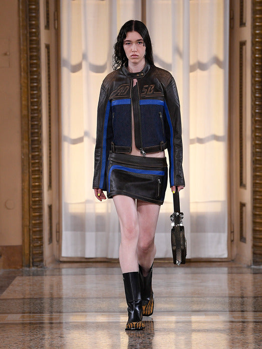 [andersson bell] DENIM COMBO RACING LEATHER SKIRTS apa704w(BROWN)