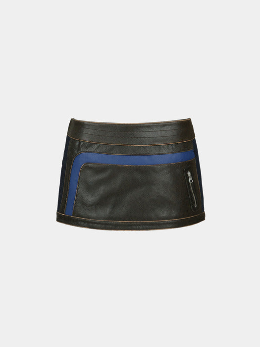 [andersson bell] DENIM COMBO RACING LEATHER SKIRTS apa704w(BROWN)