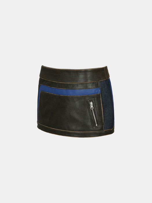 [andersson bell] DENIM COMBO RACING LEATHER SKIRTS apa704w(BROWN)