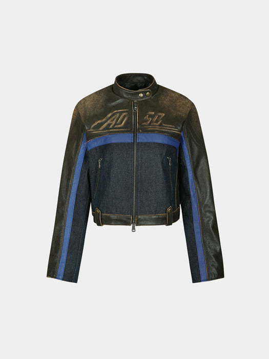 [andersson bell] DENIM COMBO RACING LEATHER JACKET awa593w(BROWN)