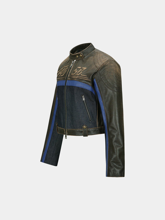 [andersson bell] DENIM COMBO RACING LEATHER JACKET awa593w(BROWN)