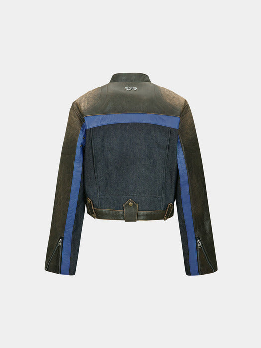 [andersson bell] DENIM COMBO RACING LEATHER JACKET awa593w(BROWN)