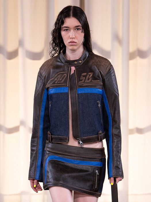 [andersson bell] DENIM COMBO RACING LEATHER JACKET awa593w(BROWN)