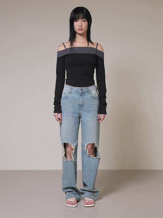 [raive] Destroyed Vintage Denim Pants in L_Blue VJ4SL150-AM