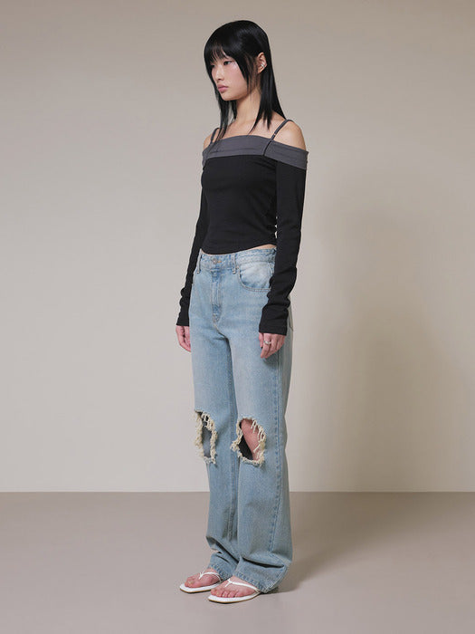 [raive] Destroyed Vintage Denim Pants in L_Blue VJ4SL150-AM