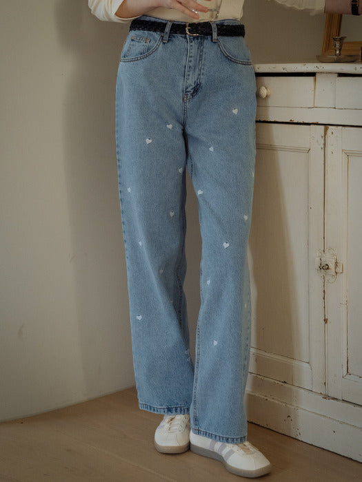 Tillidie Heart embroidery denim pants Blue