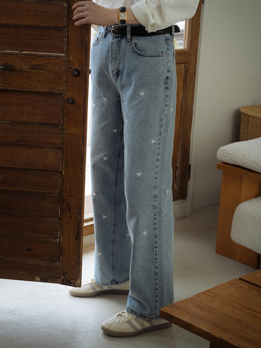 Tillidie Heart embroidery denim pants Blue