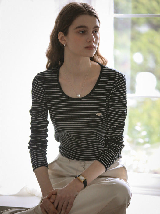 [TILLIDIE] U-neck stripe soft t-shirt_Black