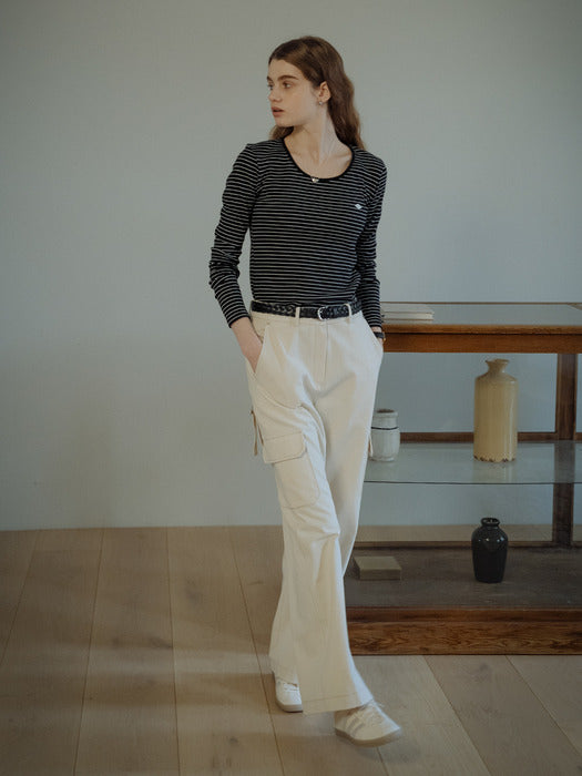 [TILLIDIE] U-neck stripe soft t-shirt_Black