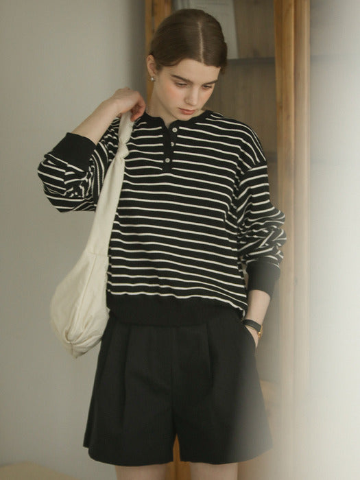 [TILLIDIE] Henry neck stripe ribbed t-shirt_Black