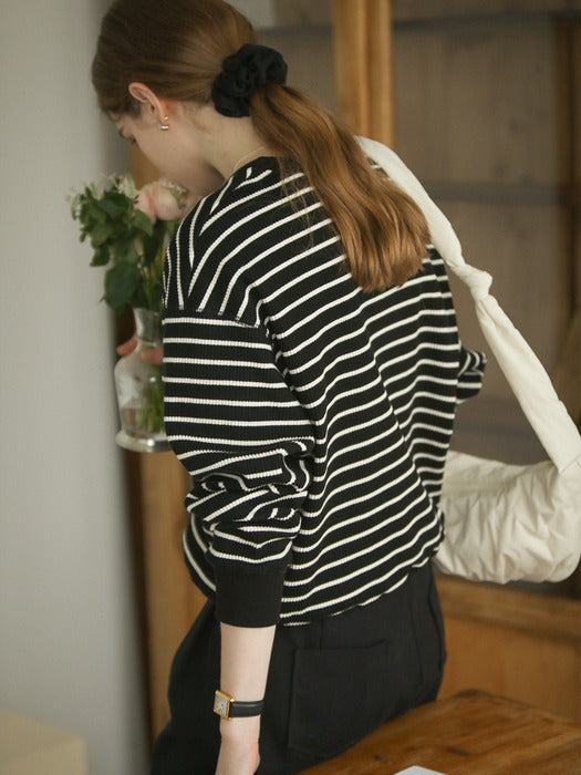 [TILLIDIE] Henry neck stripe ribbed t-shirt_Black