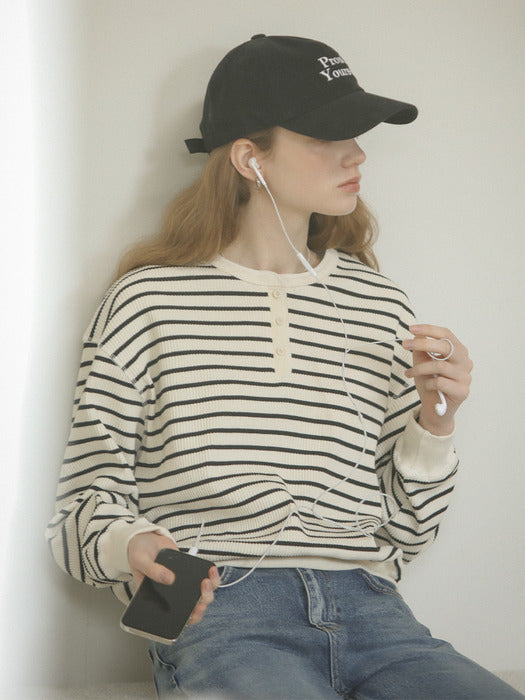 Tillidie Henry neck stripe ribbed t-shirt Ivory