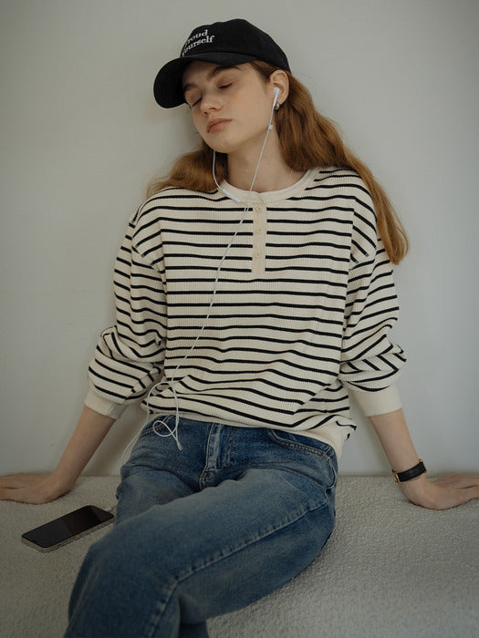 [TILLIDIE] Henry neck stripe ribbed t-shirt_Ivory