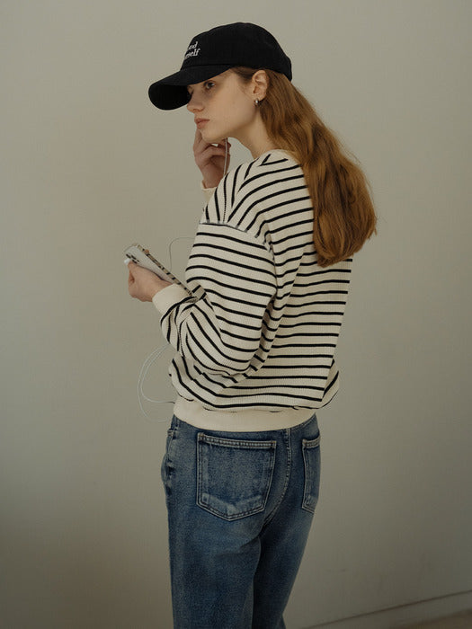 [TILLIDIE] Henry neck stripe ribbed t-shirt_Ivory