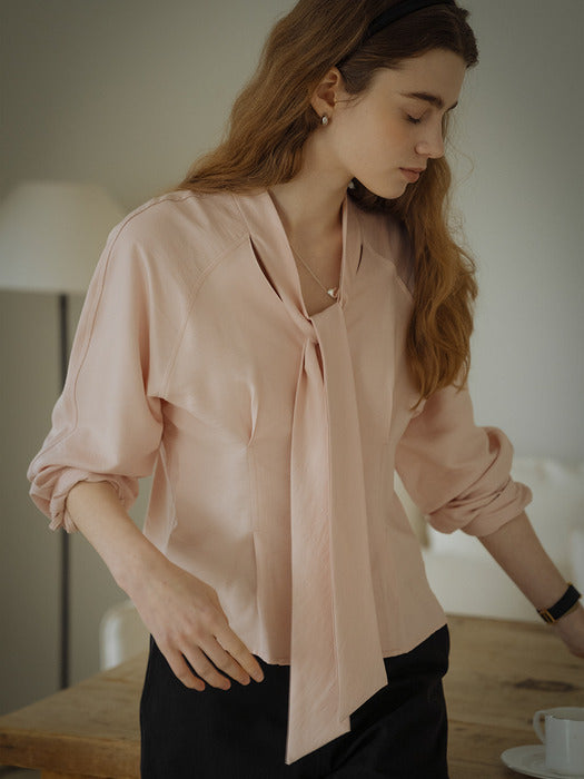 [TILLIDIE] Tied collar pearl button flare blouse_Pink