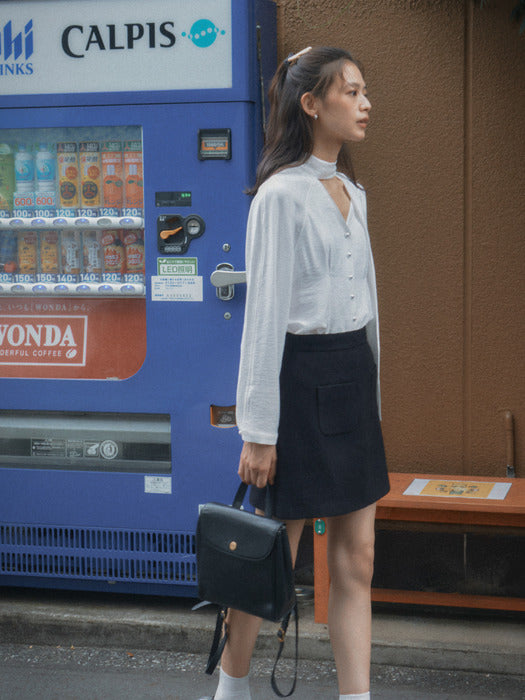 [TILLIDIE] Tied collar pearl button flare blouse_Ivory