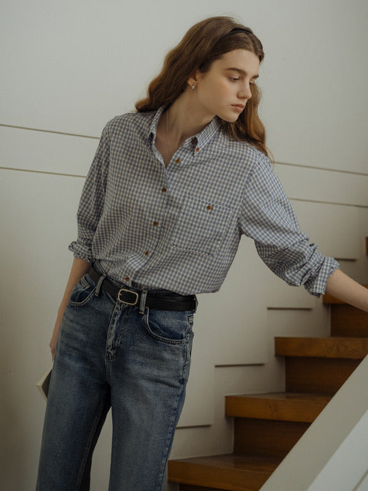 [TILLIDIE] Gingham check soft cotton shirt_Blue