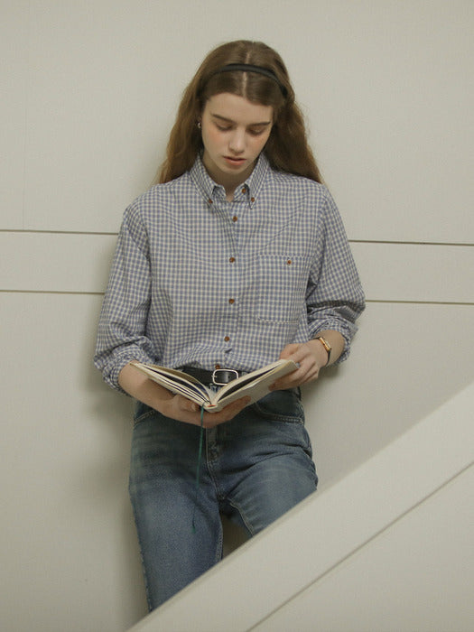 [TILLIDIE] Gingham check soft cotton shirt_Blue