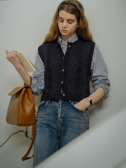 [TILLIDIE] Heart eyelet sleeveless vest_Dark navy