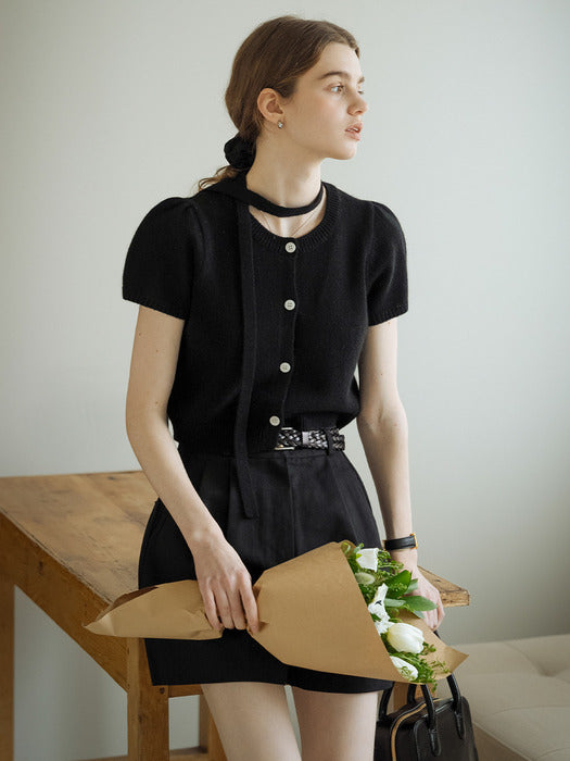 [TILLIDIE] Tie set half sleeve cardigan_Black