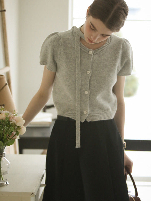 [TILLIDIE] Tie set half sleeve cardigan_Gray