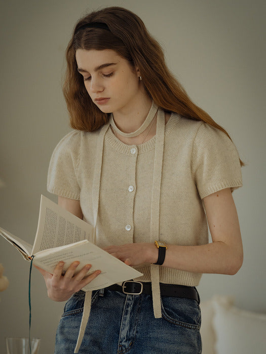 [TILLIDIE] Tie set half sleeve cardigan_Light beige