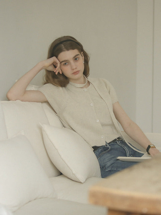 [TILLIDIE] Tie set half sleeve cardigan_Light beige