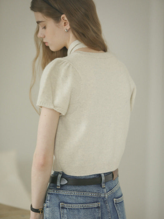 [TILLIDIE] Tie set half sleeve cardigan_Light beige