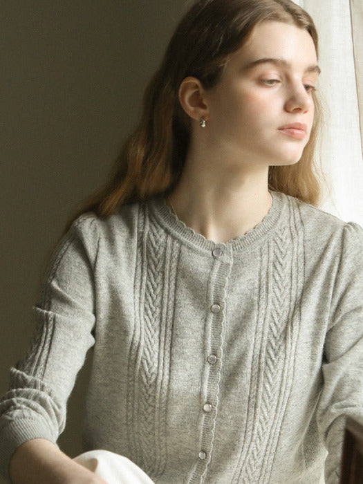 [TILLIDIE] Scallop cable cashmere blended cardigan_Gray