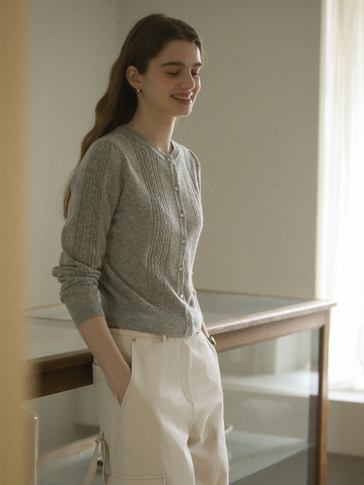 [TILLIDIE] Scallop cable cashmere blended cardigan_Gray