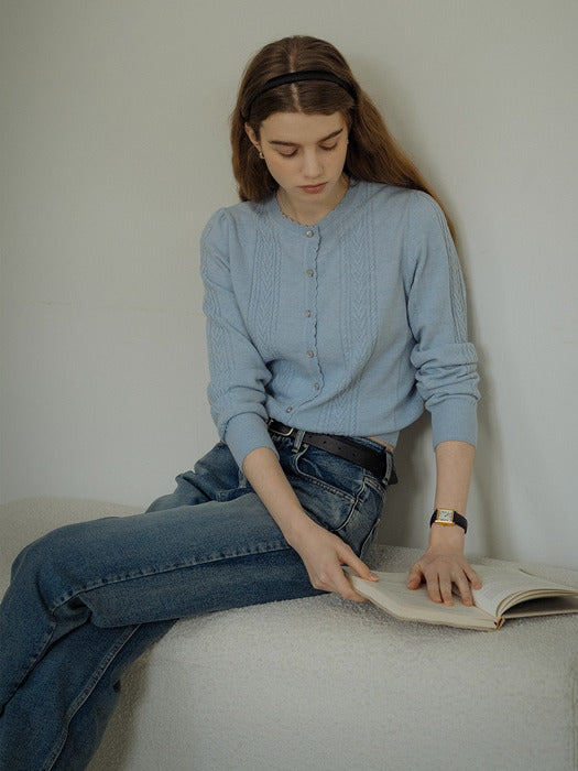 Tillidie Scallop cable cashmere blended cardigan Sky blue