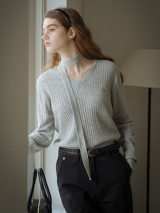 [TILLIDIE] Tie set cable V-neck knit_Light gray
