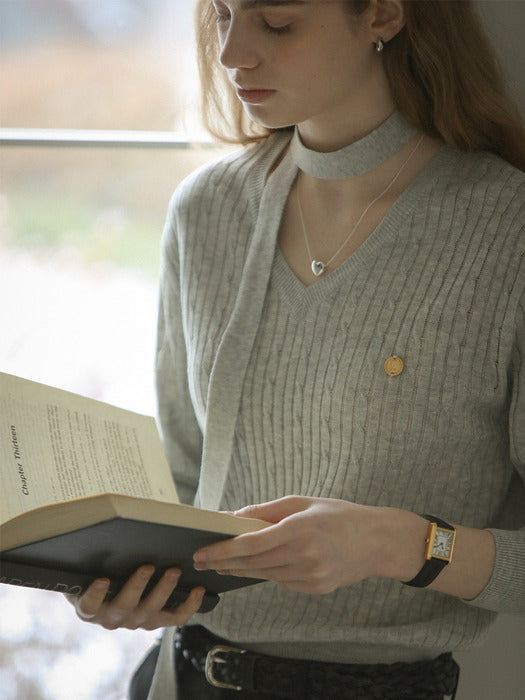 [TILLIDIE] Tie set cable V-neck knit_Light gray