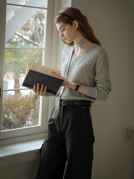 [TILLIDIE] Tie set cable V-neck knit_Light gray