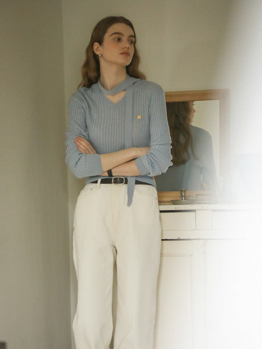 [TILLIDIE] Tie set cable V-neck knit_Sky blue