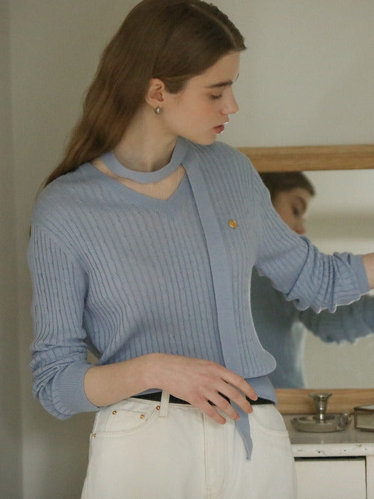 [TILLIDIE] Tie set cable V-neck knit_Sky blue